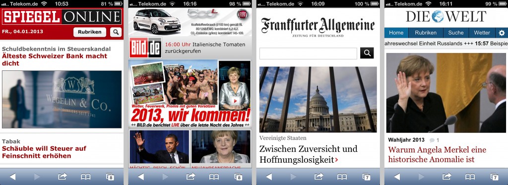 Bildqualität mobiler Newsseiten, Screenshots Bildqualität mobiler Newsseiten, v.l.n.r. m.spiegel.de, wap.bild.de, m.faz.net und m.welt.de
