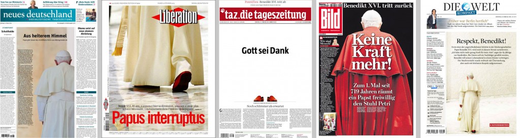 Titelseiten vom 12.02.2013: Neues Deutschland, Liberation, taz, BILD, Die Welt